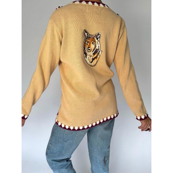 90s vintage novelty wolf animal embroidered button up cardigan knit sweater - Picture 4 of 11